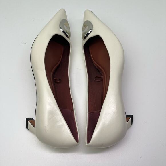 Zara Women's Metal Detail White Leather Kitten Heel Pointed Toe Shoes - Picture 6 of 11